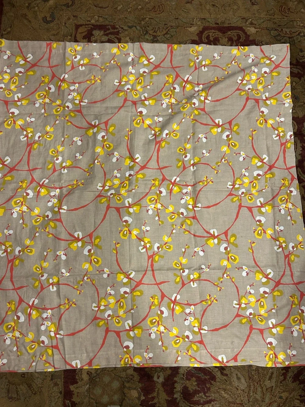 Crate&Barrel Tan Yellow Red White Floral Patterned Table Cloth 60x120 Inches